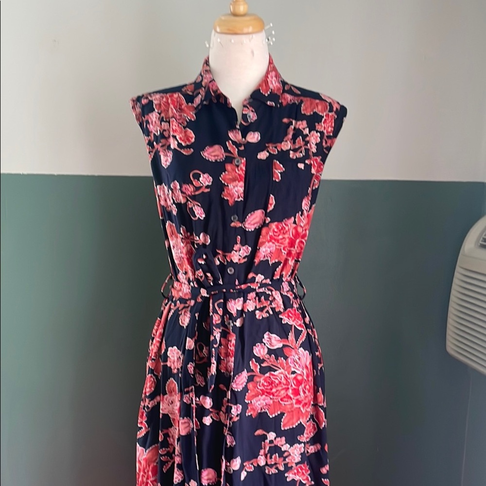 FRNCH Blue and Pink Sleeveless Sundress with Mandarin Collar